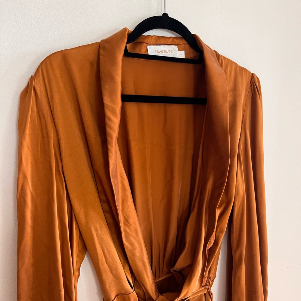 ZIMMERMANN bronze silk mid length wrap dress